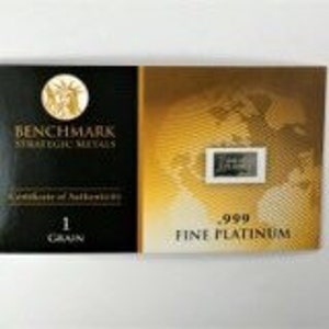 1 グレイン .999 純プラチナ地金バー - COA 付き