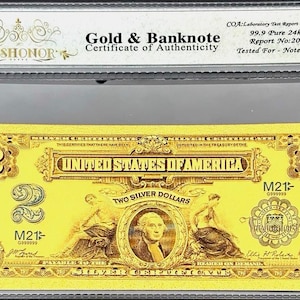 1899年 2ドル銀券 米国紙幣 24Kゴールド紙幣 COA保護スリーブ入り