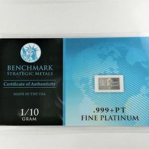 1/10 グラム .999 純プラチナ地金バー - COA 付き