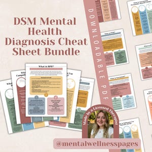 Könnte beinhalten: Ein Bundle herunterladbarer PDF-Spickzettel zu psychischen Diagnosen. Die Blätter enthalten Informationen zu verschiedenen Erkrankungen, darunter BPD, Angstzustände und ADHS. Das Design integriert Pastellfarben und Text, mit dem Satz "DSM Mental Health Diagnosis Cheat Sheet Bundle" oben.
