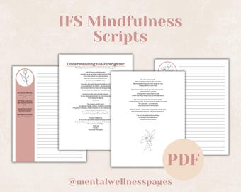 Puede incluir: Una colección de guiones de Mindfulness IFS imprimibles en formato PDF. Las páginas presentan texto e ilustraciones lineales de flores. El texto incluye indicaciones y orientación para la autorreflexión. La combinación de colores es suave, con una paleta rosa y blanca apagada.