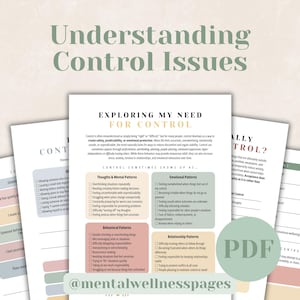 May include: A set of printable worksheets titled Understanding Control Issues, featuring sections on thoughts, emotional, behavioral, and relationship patterns. The pages include checkboxes and text fields for self-reflection, with a PDF icon overlay.