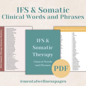 May include: Image features three documents with the text "IFS & Somatic Therapy Clinical Words and Phrases." The documents are in shades of red, teal, and yellow. The text "PDF" is in a yellow circle. The image is for mental wellness.