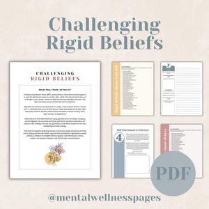 May include: A digital download titled "Challenging Rigid Beliefs" with several pages of text and graphics. The main document features text and a floral illustration. Additional pages include lists and worksheets. The PDF icon is visible.