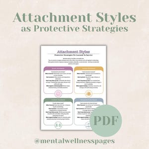 Può includere: Un documento PDF digitale intitolato "Attachment Styles as Protective Strategies" con informazioni dettagliate sui diversi stili di attaccamento. Il documento include testo e grafica, con una combinazione di colori verde e viola chiaro. Il PDF è disponibile per il download.