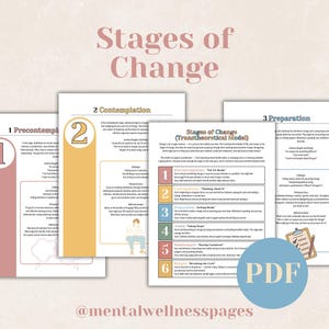 May include: A collection of printable PDF documents titled "Stages of Change" with a light pink and yellow color scheme. The documents detail the stages of change, including precontemplation, contemplation, and preparation. The text "PDF" is visible.