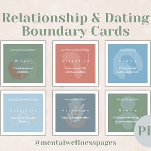 May include: A set of six Relationship & Dating Boundary Cards with text like "Emotional Availability" and "Conflict Communication." Each card has a different color scheme and a short statement. The image also includes the text "PDF" and the @mentalwellnesspages handle.