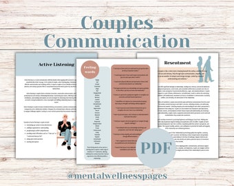 Puede incluir: Una guía PDF imprimible para parejas sobre comunicación, escucha activa, palabras de sentimientos y resentimiento. La guía presenta a una pareja sentada en un banco y a una pareja caminando de la mano. El texto incluye las palabras "Comunicación de parejas", "Escucha activa", "Palabras de sentimientos" y "Resentimiento".