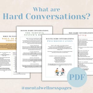May include: A digital download titled "What are Hard Conversations?" featuring several pages of information. The pages include text and graphics about hard conversations, the nervous system, and psychoeducation. A PDF icon is visible. The @mentalwellnesspages is also visible.