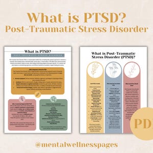 May include: A digital graphic with the text "What is PTSD? Post-Traumatic Stress Disorder." The image includes two informational pages about PTSD, with bullet points and diagrams. A PDF icon is in the lower right corner.