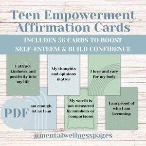 May include: A set of 56 printable affirmation cards for teens, designed to boost self-esteem and build confidence. The cards feature a variety of positive affirmations, such as "I attract kindness and positivity into my life" and "My worth is not measured by numbers or comparisons". The cards are printed on a light blue background with a green border.