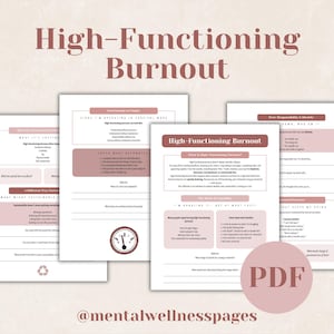 May include: A digital PDF document titled "High-Functioning Burnout" with several pages of text and graphics. The pages are in a soft pink and white colour scheme, with headings and bullet points. The document is designed for mental wellness.