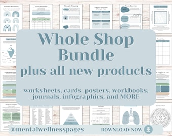Whole Shop Mega Bundle, Therapy Worksheets, Anxiety, Depression, Trauma, CBT, DBT, Family, Couples, Kids, Communication, Acceptance and MORE