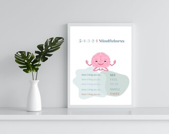 54321 Mindfulness Print | Wellbeing Poster | Therapist Office | Mental Health Poster | Calm Down Corner | Mindfulness Space | School Psych