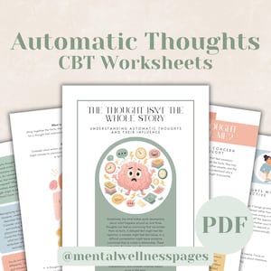 Puede incluir: Un conjunto de hojas de trabajo TCC titulado Automatic Thoughts CBT Worksheets. La página central presenta el texto The Thought Isn't The Whole Story, Understanding Automatic Thoughts And Their Influence y un gráfico de un cerebro rosa.