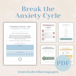Op de afbeelding: Een digitaal document getiteld Break the Anxiety Cycle met meerdere pagina's, waaronder Understanding the Anxiety Cycle, Mapping Your Anxiety Cycle, My Anxiety Breaker Plan, Breaking the Cycle en The Anxiety Trap met een PDF-pictogram.