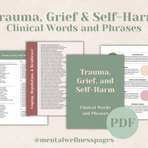 May include: A collection of informational PDF documents with the title "Trauma, Grief, and Self-Harm: Clinical Words and Phrases." The documents are in shades of green, white, and burgundy, with text including lists of clinical terms and phrases. The image also includes the text "Coping, Regulation, & Resilience" and "PDF".