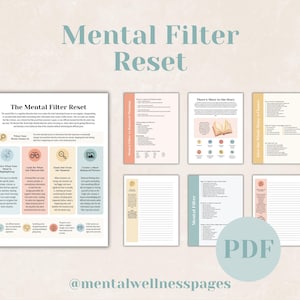 Puede incluir: Una guía digital Mental Filter Reset que incluye varias páginas de texto e iconos. La página principal describe los pasos para identificar el enfoque negativo, con secciones tituladas The Mental Filter Reset, There's More to the Story y Mental Filter.