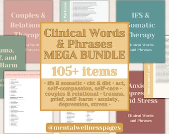Clinical Words and Phrases MEGA BUNDLE, Report Writing, Therapist Office Note Taking, Progress Note Cheat Sheet, Therapy Interventions