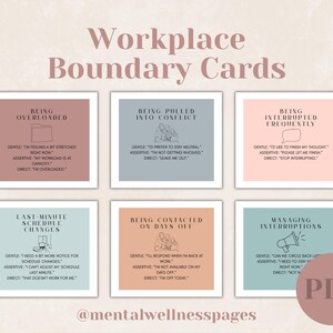 May include: A set of six square Workplace Boundary Cards with text and illustrations. The cards address topics like being overloaded, interrupted, and contacted on days off. The cards are in shades of pink, blue, and peach.