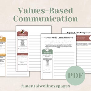 May include: A collection of printable worksheets with the title "Values-Based Communication" in a soft green font. The worksheets have lined pages and colorful headers with text. The PDF icon is visible.