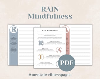 RAIN Mindfulness, Emotional Regulation, Journal Prompts, Mindfulness Meditation, ACT, DBT, cbt, Therapy Worksheets, Anxiety Help