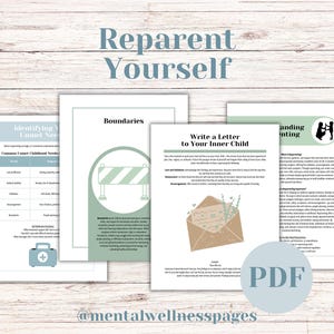 May include: Four printable worksheets in a green and white colour scheme. The worksheets are titled "Identifying unmet needs", "Boundaries", "Write a letter to your inner child", and "Understanding re-parenting". The worksheets are designed to help people reparent themselves.