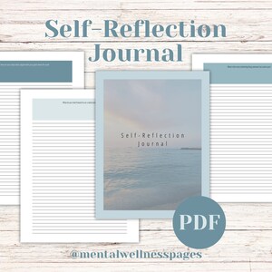 May include: Self-Reflection Journal PDF printable with a blue and white color scheme and a beach scene. The text "Self-Reflection Journal" is on the cover. The journal is available for download on Etsy.