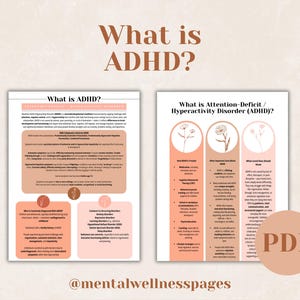 May include: A digital PDF document with the title "What is ADHD?" in a stylized font. The document is divided into sections with detailed information about ADHD, including symptoms, treatments, and related topics. The document is in shades of beige and peach.