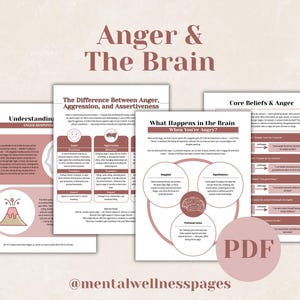 May include: A digital PDF document titled "Anger & The Brain" with several pages detailing anger, aggression, and assertiveness. The pages feature diagrams and text, with the text "Understanding Anger Response" and "What Happens in the Brain When You're Angry?"