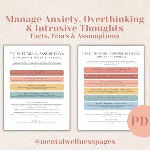 May include: Two white digital worksheets titled Manage Anxiety, Overthinking & Intrusive Thoughts: Facts, Fears & Assumptions. The pages feature colourful horizontal bars with prompts for cognitive processing, including sections for facts, fears, and interpretations.