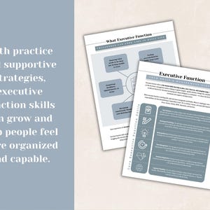 May include: Two white papers with text about executive function, including "What Executive Function" and "Executive Function: Core Skills & Management System." The papers are on a light blue background with text that reads "With practice and supportive strategies, executive function skills can grow and help people feel more organized and capable."