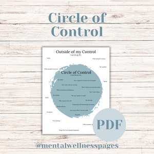 May include: A printable worksheet titled "Circle of Control" with a blue circle in the center. The circle is divided into two sections: "Outside of my Control" and "Circle of Control". The worksheet lists examples of things that are within and outside of a person's control.