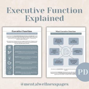 Puede incluir: Un documento PDF digital titulado "Función Ejecutiva Explicada" con dos páginas de información. La página izquierda enumera las habilidades básicas de la función ejecutiva, y la página derecha detalla los desafíos. El documento es azul claro y blanco.