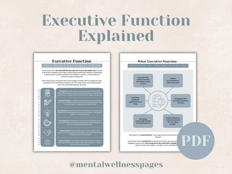 May include: A digital PDF document titled "Executive Function Explained" with two pages of information. The left page lists core executive function skills, and the right page details challenges. The document is light blue and white.