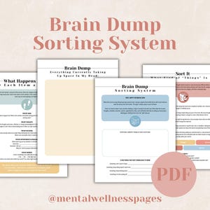 Könnte beinhalten: Ein Set aus vier druckbaren Seiten mit dem Titel Brain Dump Sorting System in einer sanften Farbpalette aus Pfirsich, Blau und Beige. Die Dokumente enthalten strukturierte Abschnitte zur Organisation von Gedanken, Aufgaben und Terminen.