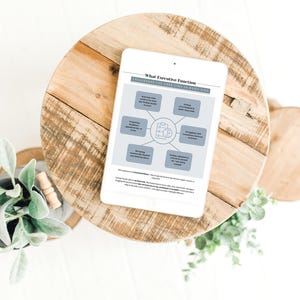 May include: A white tablet displays a diagram titled "What Executive Function" on a wooden spool table. The diagram outlines key aspects of executive function. A small potted plant sits nearby.
