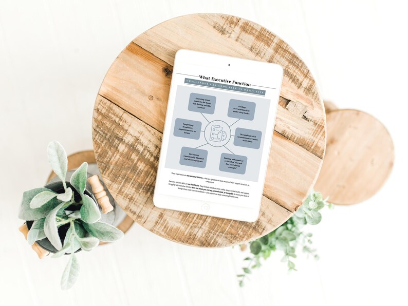 May include: A white tablet displays a diagram titled "What Executive Function" on a wooden spool table. The diagram outlines key aspects of executive function. A small potted plant sits nearby.