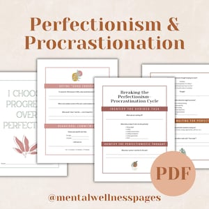 May include: A digital download featuring worksheets on perfectionism and procrastination. The worksheets have text and prompts, with the title "Perfectionism & Procrastination" at the top. The PDF download is available with the handle @mentalwellnesspages.