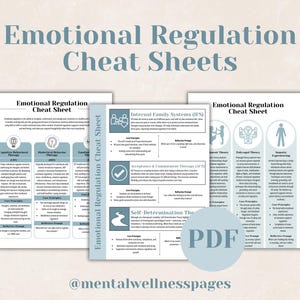 Puede incluir: Tres hojas de trucos PDF imprimibles con texto azul y blanco sobre un fondo azul claro. Las hojas de trucos se titulan "Emotional Regulation Cheat Sheet" y presentan diferentes enfoques terapéuticos para la regulación emocional, incluyendo la terapia cognitivo-conductual, la terapia conductual dialéctica, los sistemas familiares internos, la terapia de aceptación y compromiso, la teoría de la autodeterminación, la teoría polivagal y la experiencia somática.