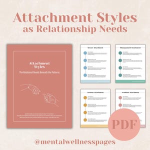 以下が含まれることがあります： 「Attachment Styles as Relationship Needs」というタイトルのデジタル製品。画像には、タイトルと手の線画が描かれたコーラル色のドキュメントが写っています。追加のページでは、安全、無秩序、不安、回避の愛着スタイルについて詳しく説明しています。
