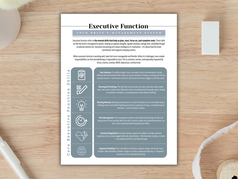 May include: A white printed document titled "Executive Function" on a wooden surface. The document lists core executive function skills with icons and descriptions. A pen and a small white block are also visible.