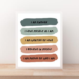 Impresión de afirmaciones positivas, arte de pared de confianza en el amor propio, póster de psicología, decoración de la oficina de terapia, rincón relajante, aula educativa