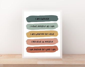 Positive Affirmations Print, Self Love Confidence Wall Art, Psychology Poster, Therapy Office Decor, Calming Corner, Classroom Educational