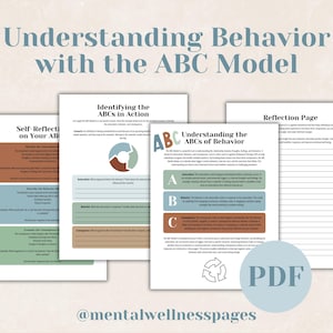 Pode incluir: Folha de trabalho imprimível com o título "Compreender o comportamento com o modelo ABC". A folha de trabalho é dividida em três seções: "Identificar os ABC em ação", "Compreender os ABC do comportamento" e "Página de reflexão". A folha de trabalho foi projetada para ajudar as pessoas a entender seu próprio comportamento e como gerenciá-lo.