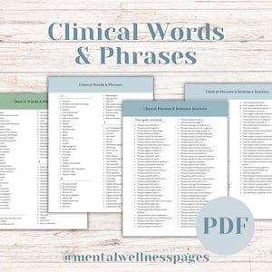 Puede incluir: Cuatro páginas PDF imprimibles con listas de palabras y frases clínicas para terapeutas. Las páginas tienen un esquema de color azul y verde y el texto "Clinical Words & Phrases" y "Clinical Phrases & Sentence Starters" es visible.