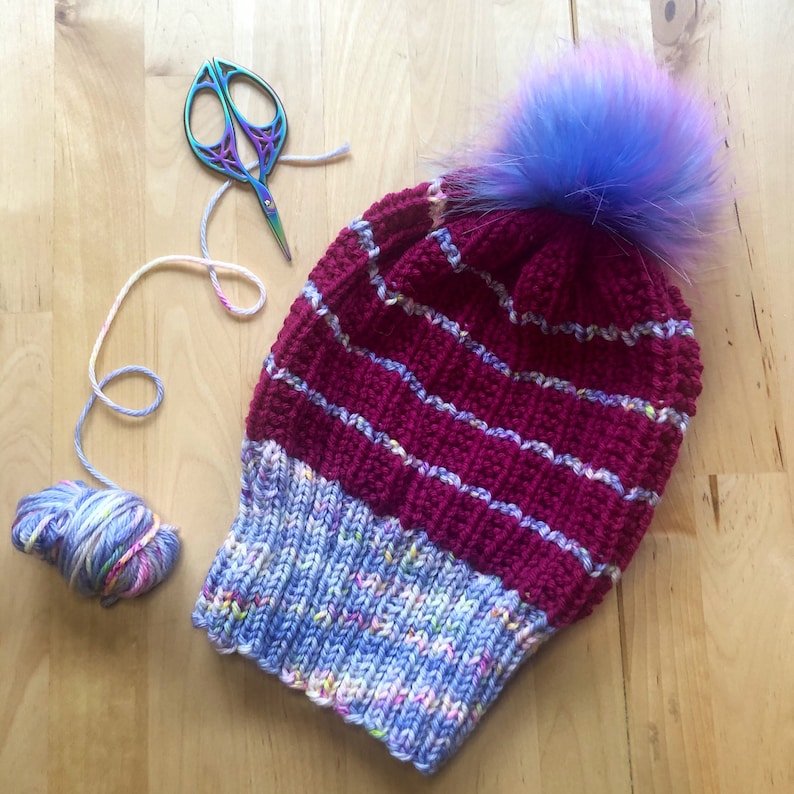 Speckled Blue and Raspberry Striped Slouchy Hat with Pink and Blue Pom