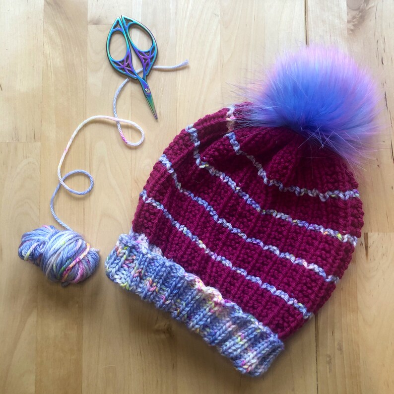 Speckled Blue and Raspberry Striped Slouchy Hat with Pink and Blue Pom
