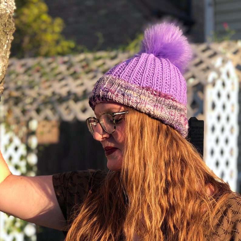 Variegated Purples and Lilac Slouch Hat with Purple Pom