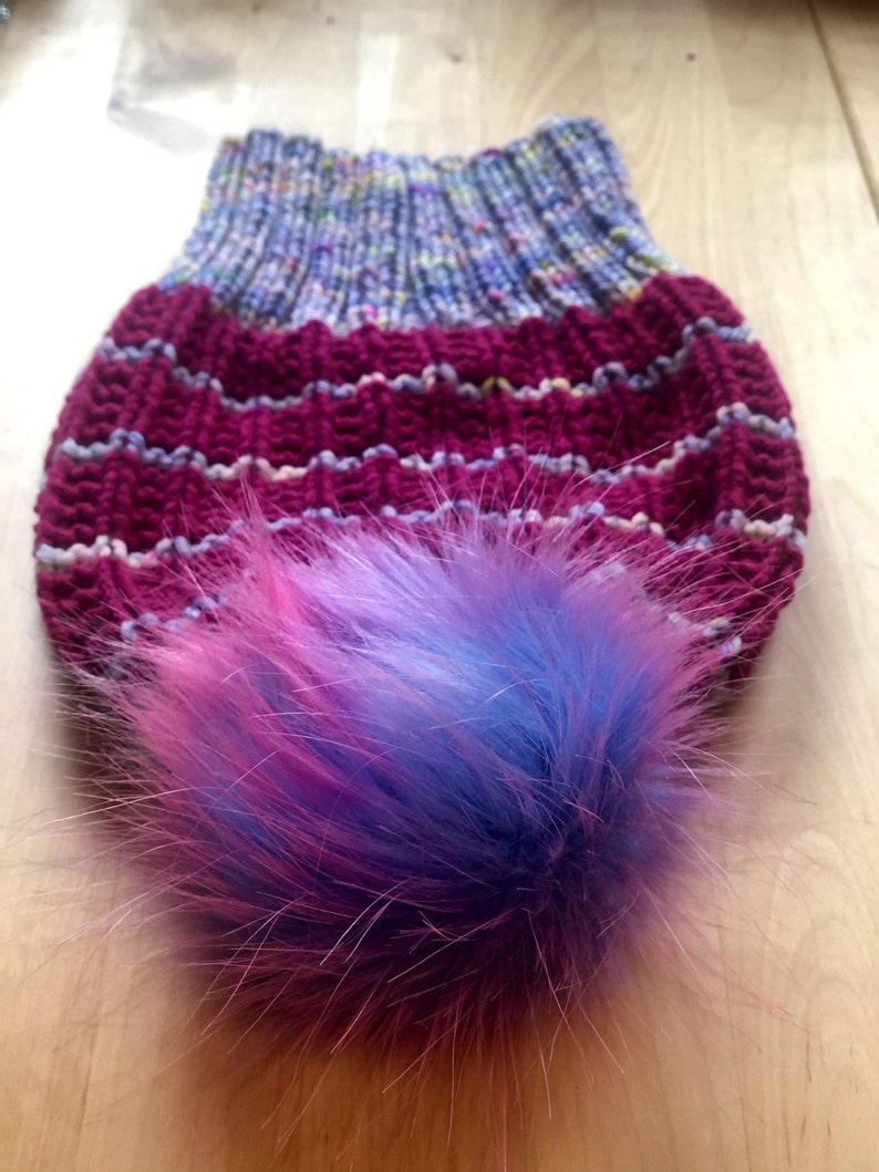 Speckled Blue and Raspberry Striped Slouchy Hat with Pink and Blue Pom